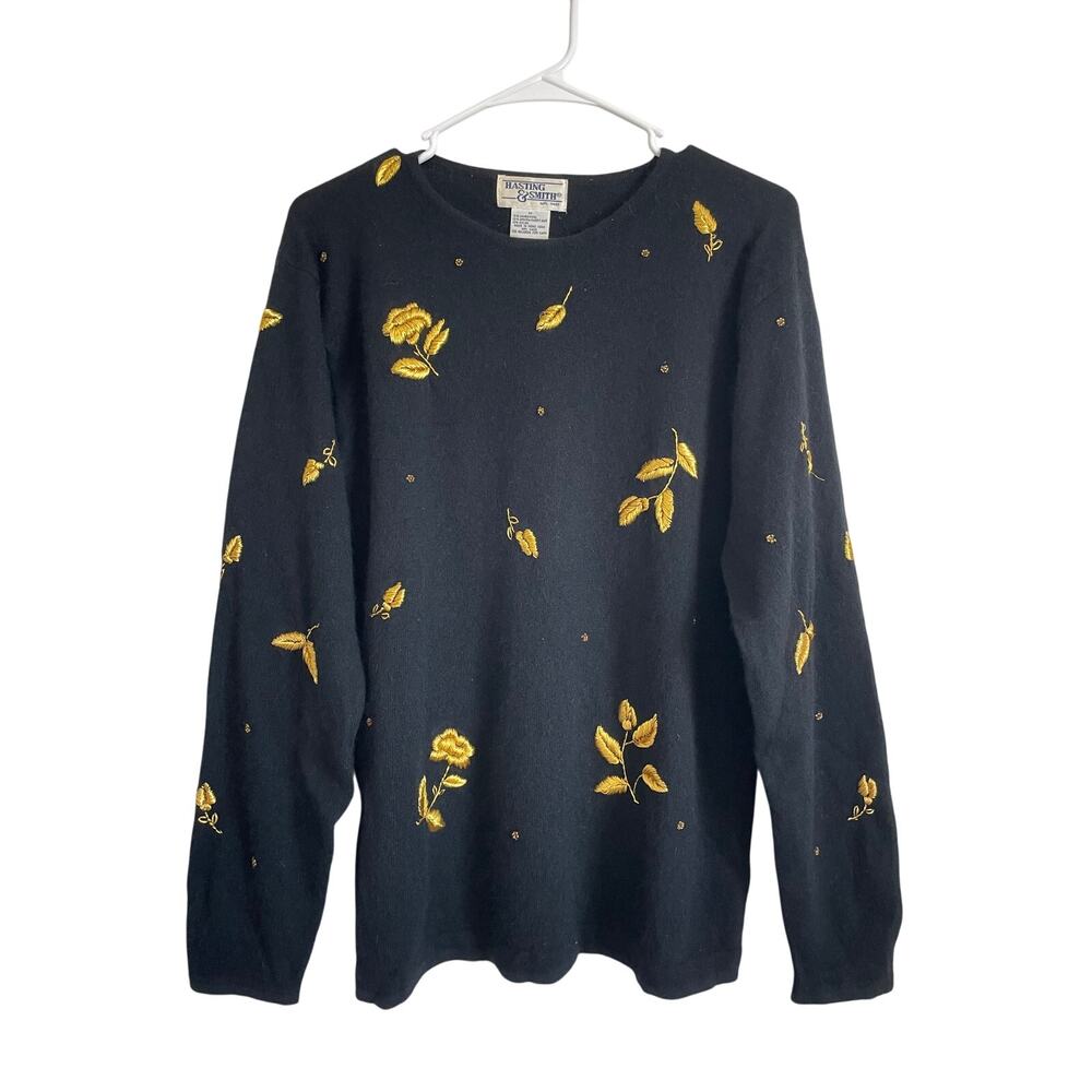 Hasting & Smith black wool angora sweater gold embroidered beaded vintage Medium